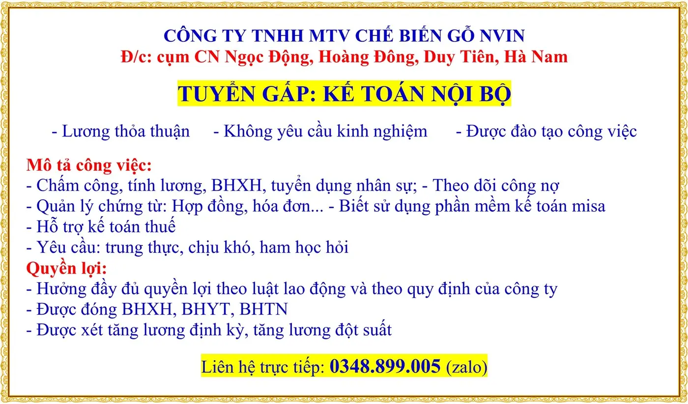 Ninh bình tuyển kế toán nội bộ