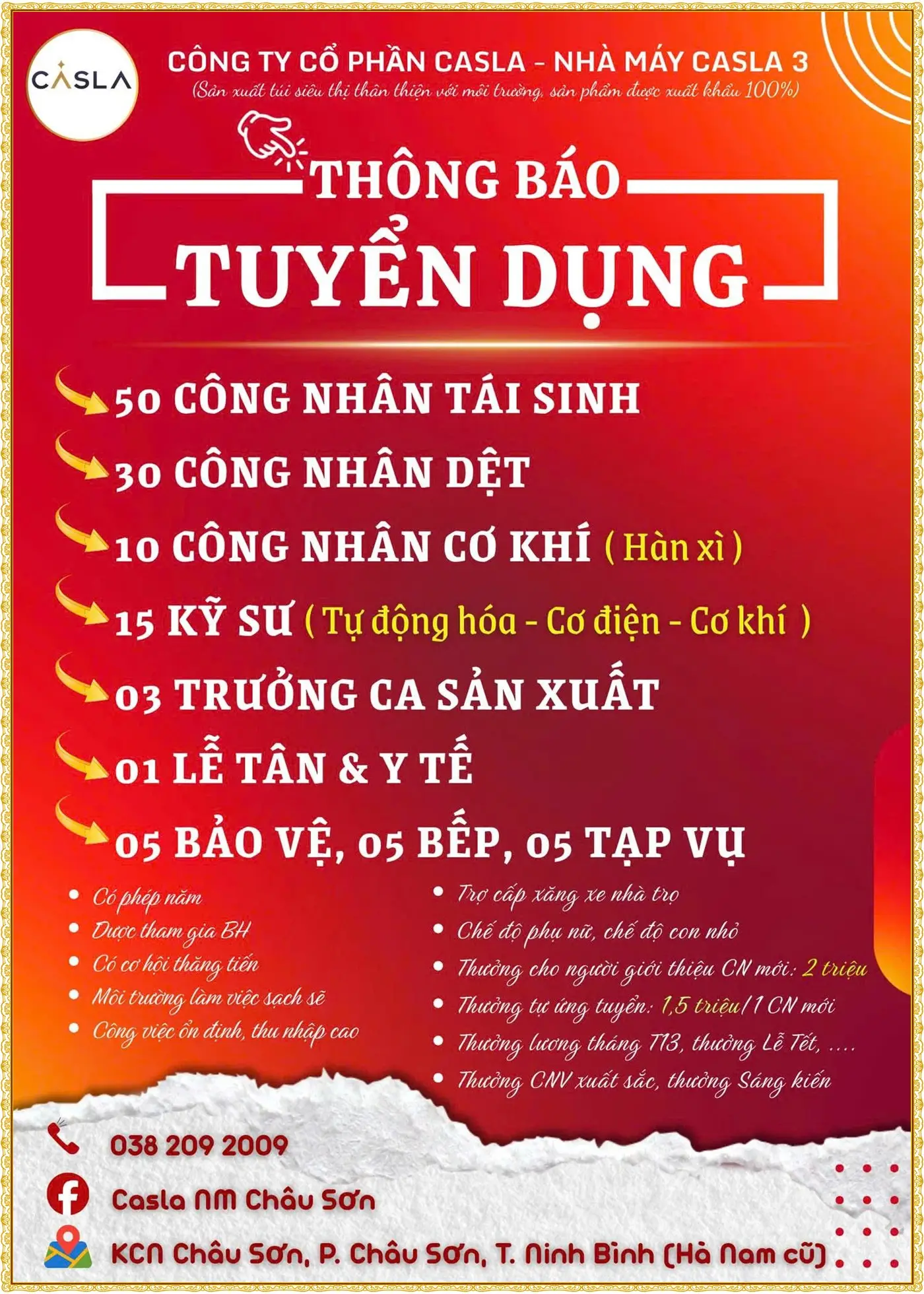 Hà Nam tuyển gấp 50 công nhân tái sinh, 30 công nhân dệt, 10 công nhân cơ khí