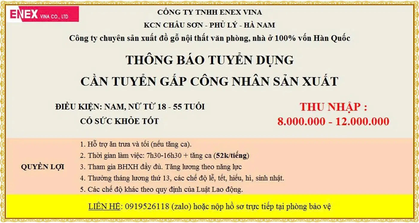 Cần tuyển gấp công nhân sản xuất tại KCN Châu Sơn