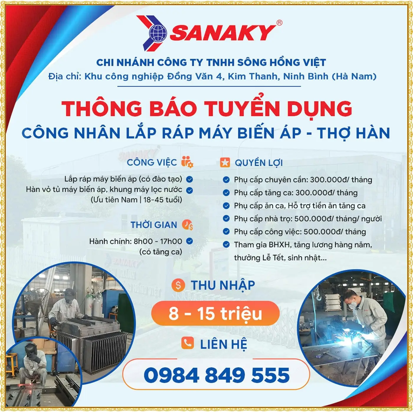 tuyển công nhân lắp ráp máy biến áp và thợ hàn