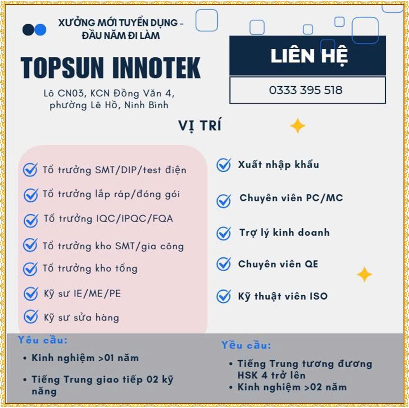 KCN Đồng văn 4, Ninh Bình tuyển tổ trường, nhân viên xuất nhập khẩu