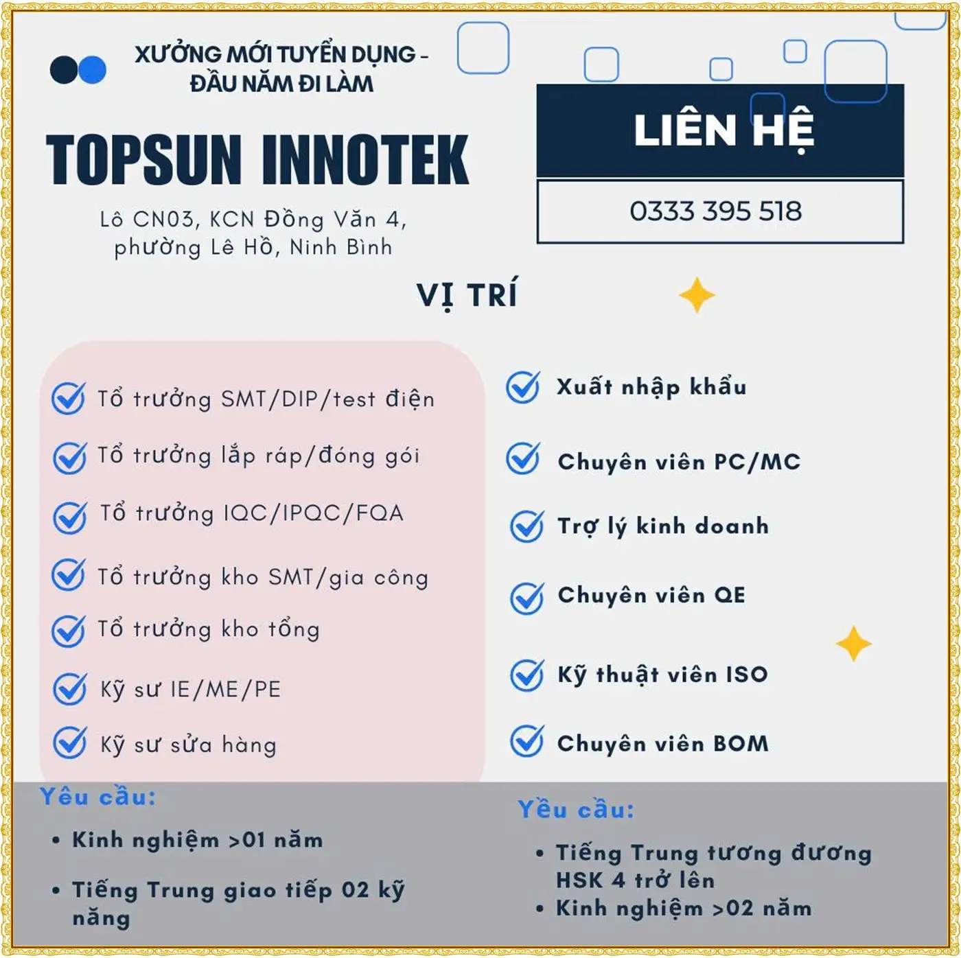 KCN Đồng văn 4, Ninh Bình tuyển tổ trường, nhân viên xuất nhập khẩu